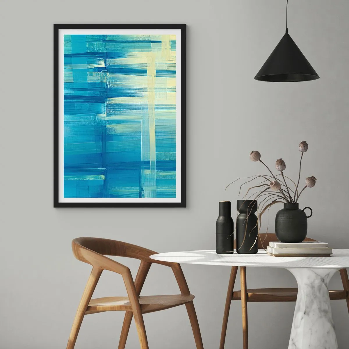 Póster en marco negro - Composición abstracta en tonos azules y amarillos. - 50x70cm - Composición en turquesa - Decoración de pared moderna para salón y dormitorio ARTTOR
