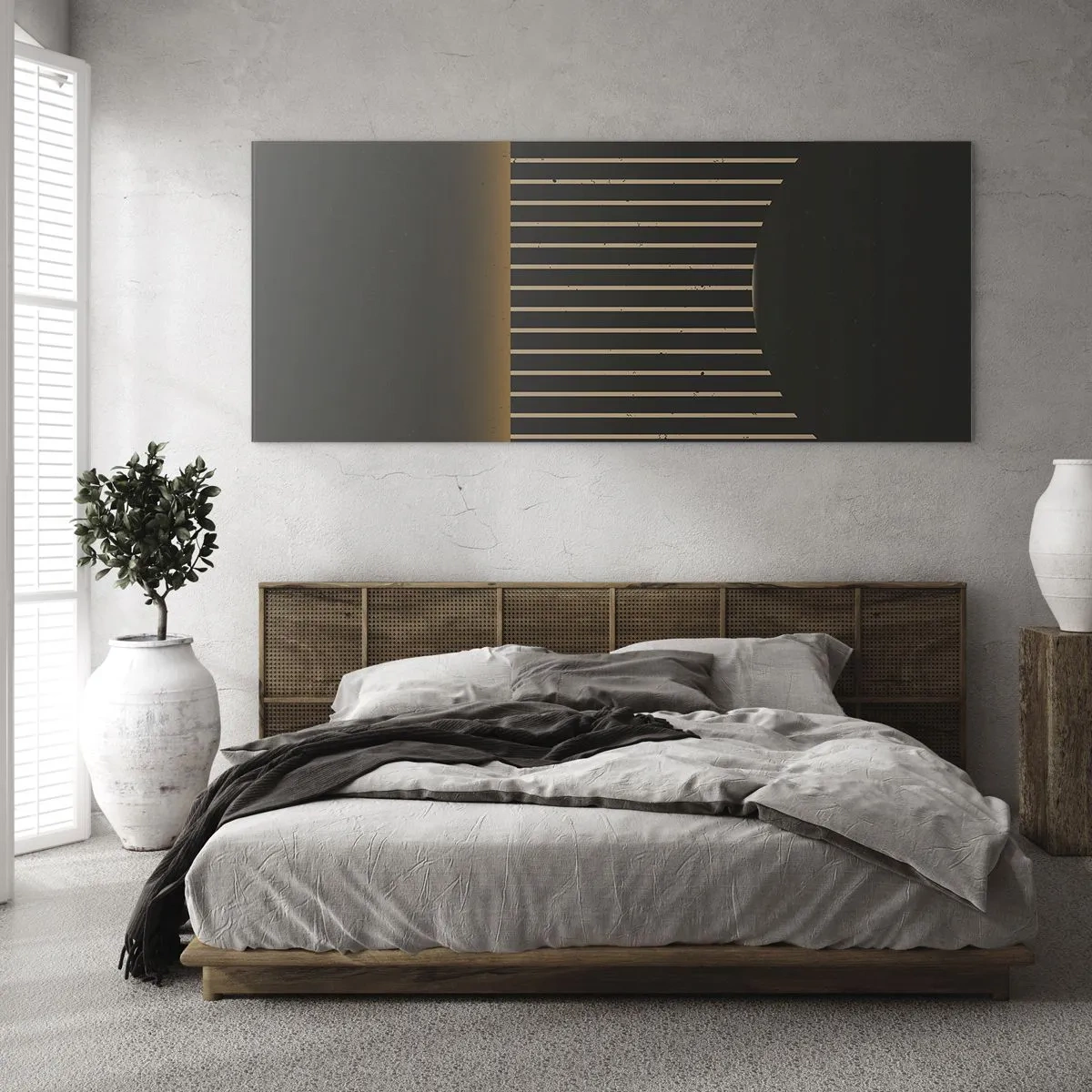 Cuadro sobre vidrio - Impresiones sobre Vidrio - Patrón geométrico con rayas sobre fondo oscuro. - 120x50cm - Explorar la oscuridad - Decoración de pared moderna para salón y dormitorio ARTTOR