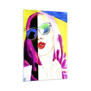 Cuadro sobre vidrio - Impresiones sobre Vidrio - Retrato colorido de una mujer con gafas de sol. - 80x120cm - Contrastes - Decoración de pared moderna para salón y dormitorio ARTTOR