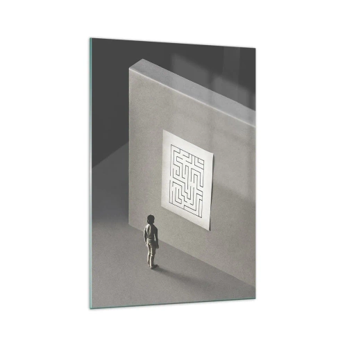 Cuadro sobre vidrio - Impresiones sobre Vidrio - Una figura en un laberinto mirando un mapa colgado. - 70x100cm - ¿Pero dónde estoy? - Decoración de pared moderna para salón y dormitorio ARTTOR