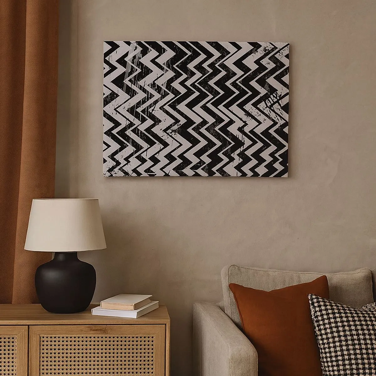 Cuadro sobre lienzo - Impresión de Imagen - Patrón en zigzag en blanco y negro con abrasiones artísticas - 70x50cm - Zig-blanco, zag-negro - Decoración de pared moderna para salón y dormitorio ARTTOR