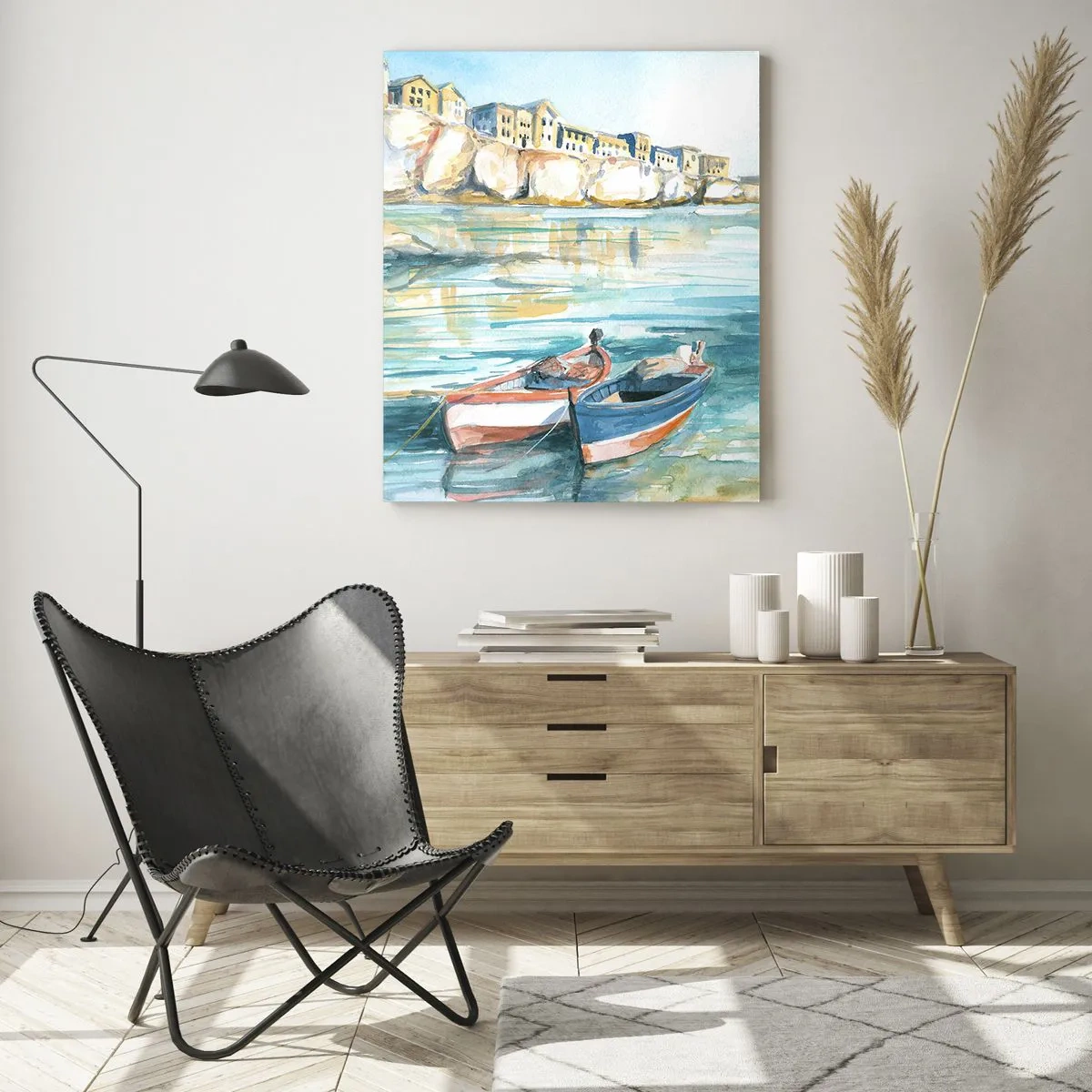 Cuadro sobre vidrio - Impresiones sobre Vidrio - Un pintoresco paisaje costero con barcos en el agua. - 70x100cm - Paisaje en azul - Decoración de pared moderna para salón y dormitorio ARTTOR