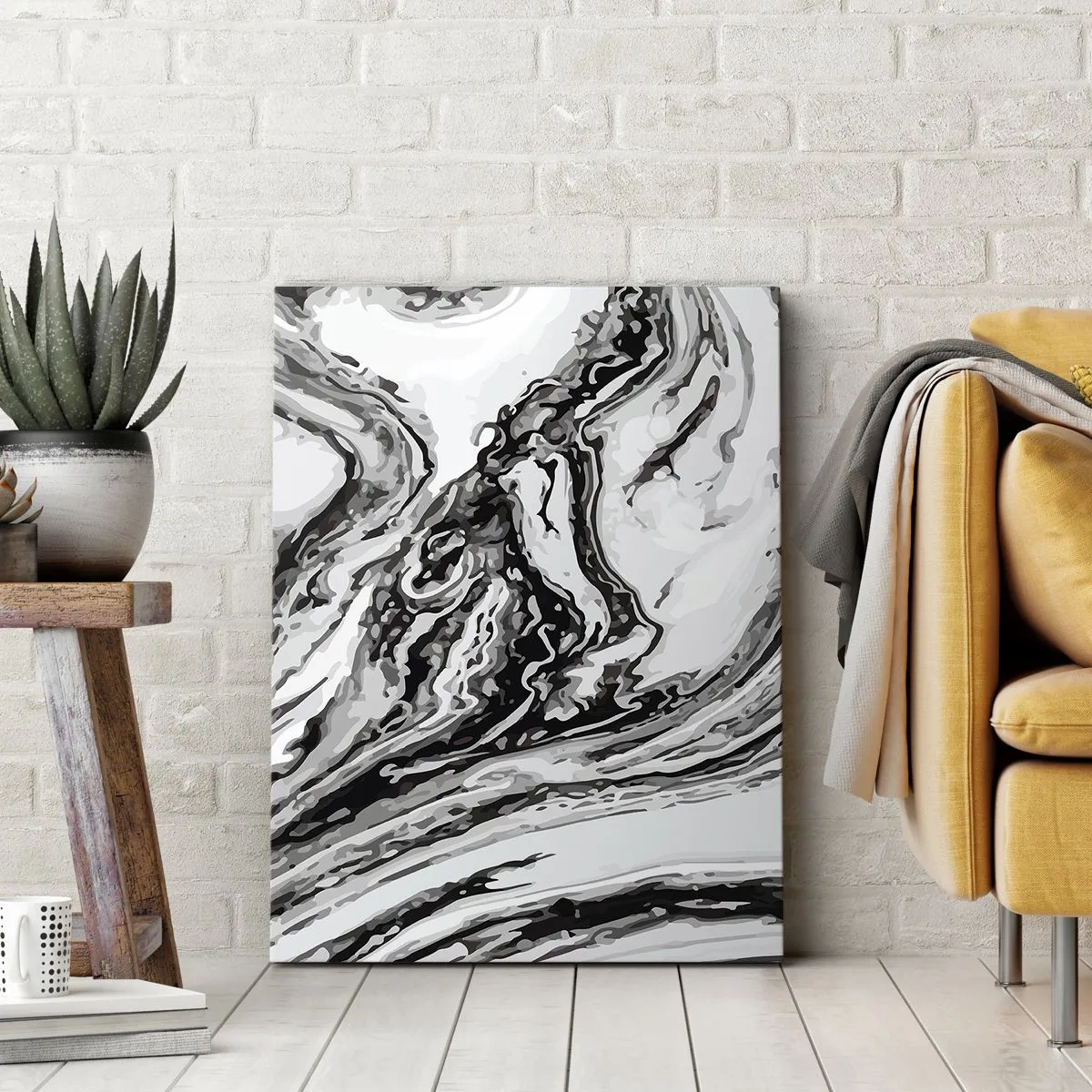 Cuadro sobre lienzo - Impresión de Imagen - Patrón de mármol abstracto en blanco y negro - 50x70cm - Al principio existía el caos - Decoración de pared moderna para salón y dormitorio ARTTOR