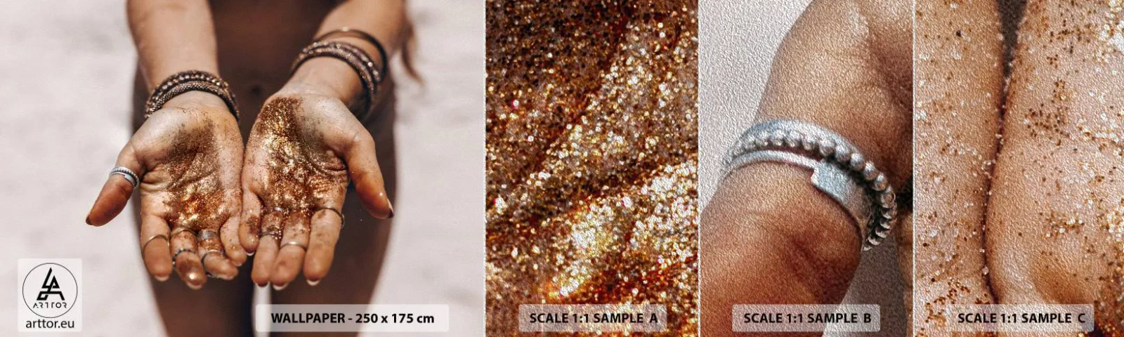 Muestra de fotomural Premium Sand - Un regalo para ti - manos de mujer, bohemia, Oro - 100x30 cm