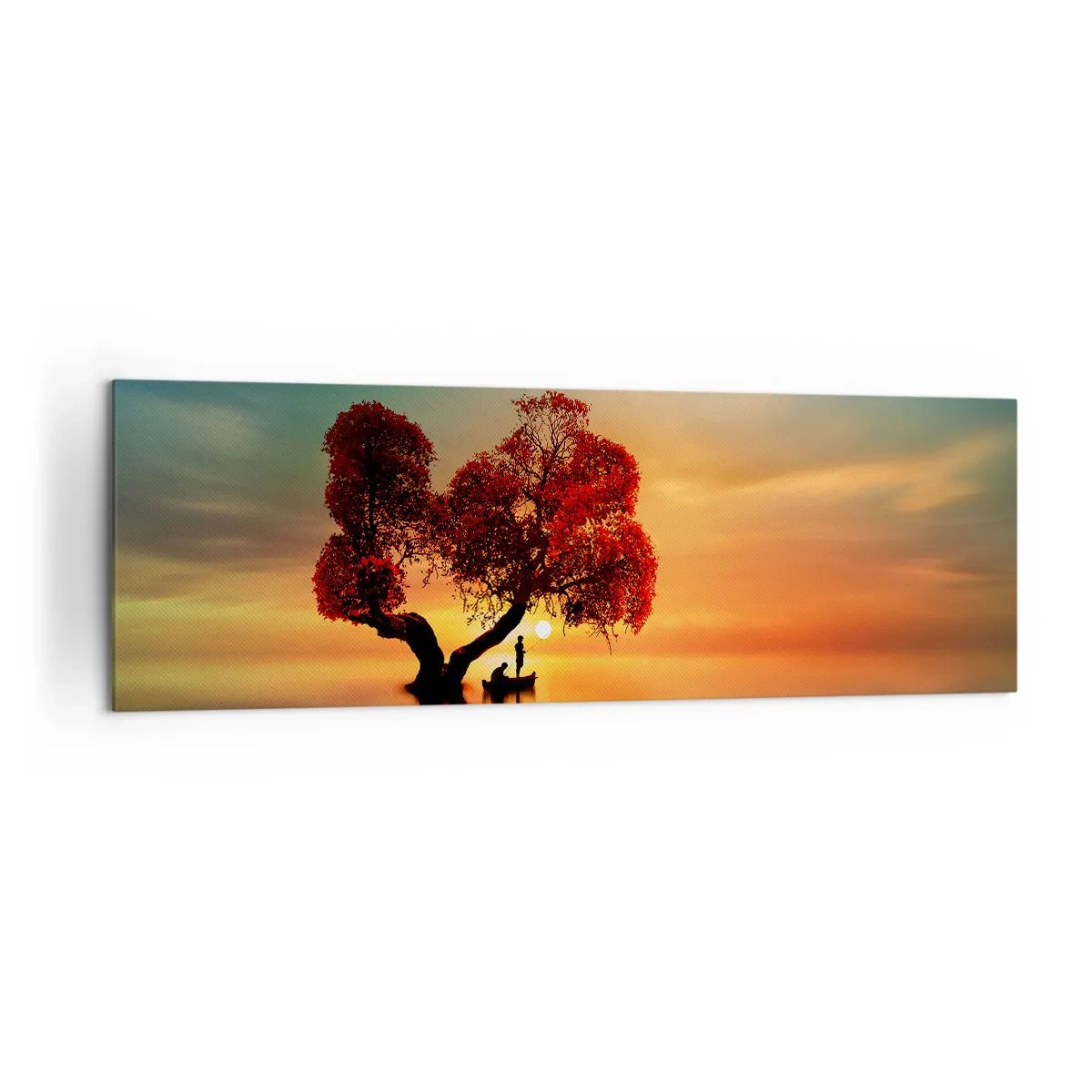 Cuadro sobre lienzo - Impresión de Imagen - Un árbol de hojas rojas y un barco en el agua al atardecer. - 160x50cm - La lejanía y el silencio del mundo - Decoración de pared moderna para salón y dormitorio ARTTOR