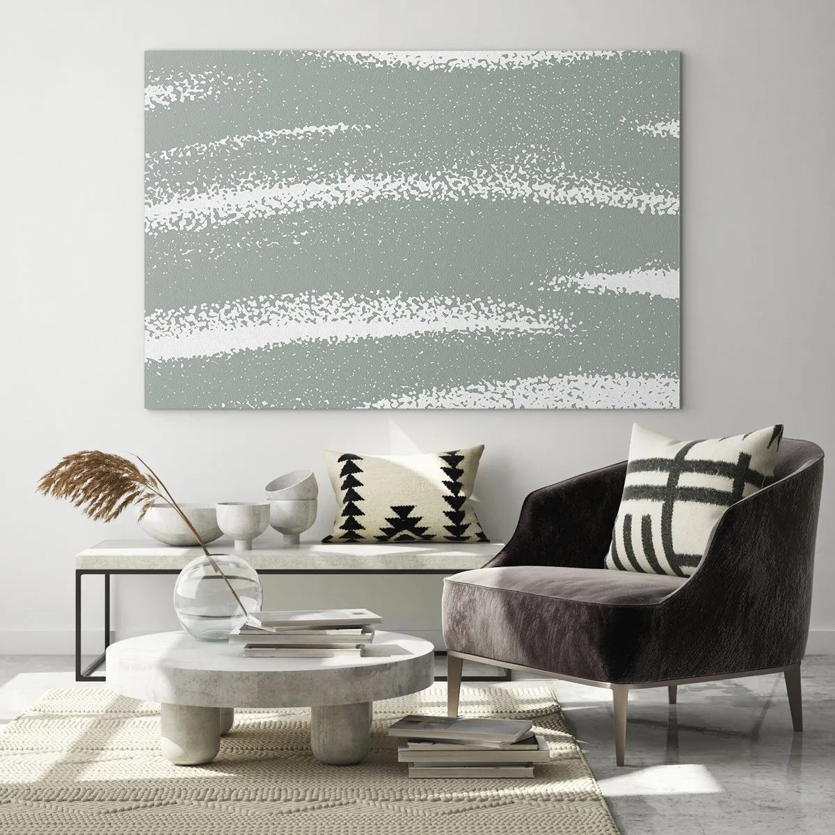 Cuadro sobre vidrio - Impresiones sobre Vidrio - Rayas blancas sobre un fondo verde frío - 70x50cm - Abstracción invernal - Decoración de pared moderna para salón y dormitorio ARTTOR