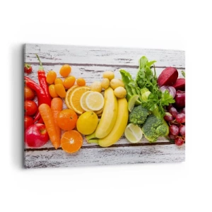 Cuadro sobre lienzo - Impresión de Imagen - Frutas y verduras coloridas sobre un fondo de madera - 100x70cm - ¿No es suficiente? - Decoración de pared moderna para salón y dormitorio ARTTOR