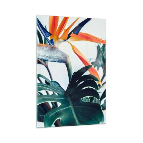 Cuadro sobre vidrio - Impresiones sobre Vidrio - Flor de Strelitzia rodeada de hojas bajo una luz brillante. - 70x100cm - La jaula del pájaro colorido - Decoración de pared moderna para salón y dormitorio ARTTOR