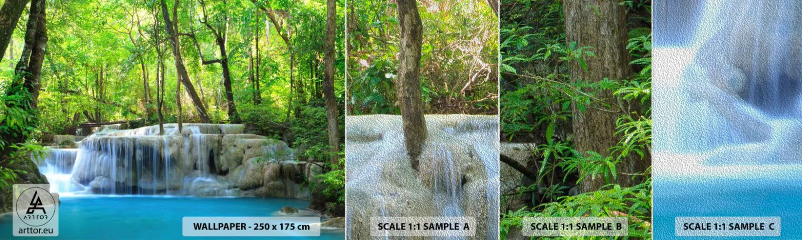 Muestra de fotomural Premium Sand - Ahogarse en turquesa y verde - Paisaje, Cascada, cascada - 100x30 cm