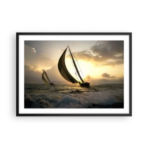 Póster en marco negro - Veleros en el mar durante la puesta de sol - 70x50cm - En contra y a favor del viento - Decoración de pared moderna para salón y dormitorio ARTTOR