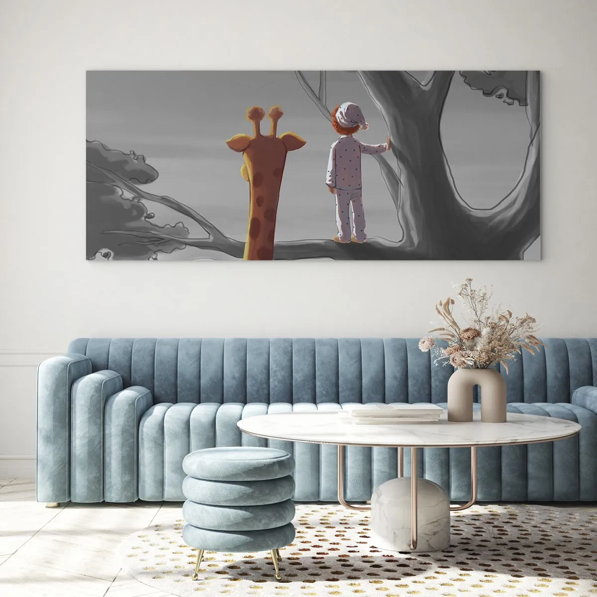 Cuadro sobre vidrio - Impresiones sobre Vidrio - Un niño y una jirafa en la rama de un árbol en un paisaje de cuento de hadas. - 120x50cm - ¿Está sucediendo de verdad? - Decoración de pared moderna para salón y dormitorio ARTTOR