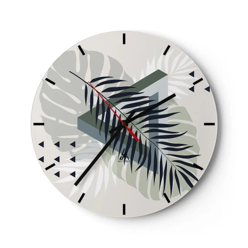 Reloj de pared - Reloj de vidrio - Composición geométrica con hojas tropicales. - 30x30cm - Naturaleza y geometría - Decoración de pared moderna para salón, cocina y dormitorio ARTTOR