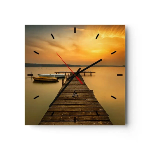 Reloj de pared - Reloj de vidrio - Muelle de madera y barcos en el lago al atardecer - 30x30cm - Abriré el cielo dorado para ti - Decoración de pared moderna para salón y dormitorio ARTTOR
