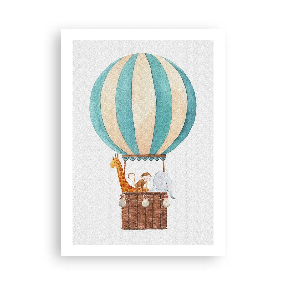 Póster - Ilustración de acuarela de un globo aerostático con lindos animales. - 50x70cm - Viaje fantástico - Decoración de pared moderna para salón y dormitorio ARTTOR