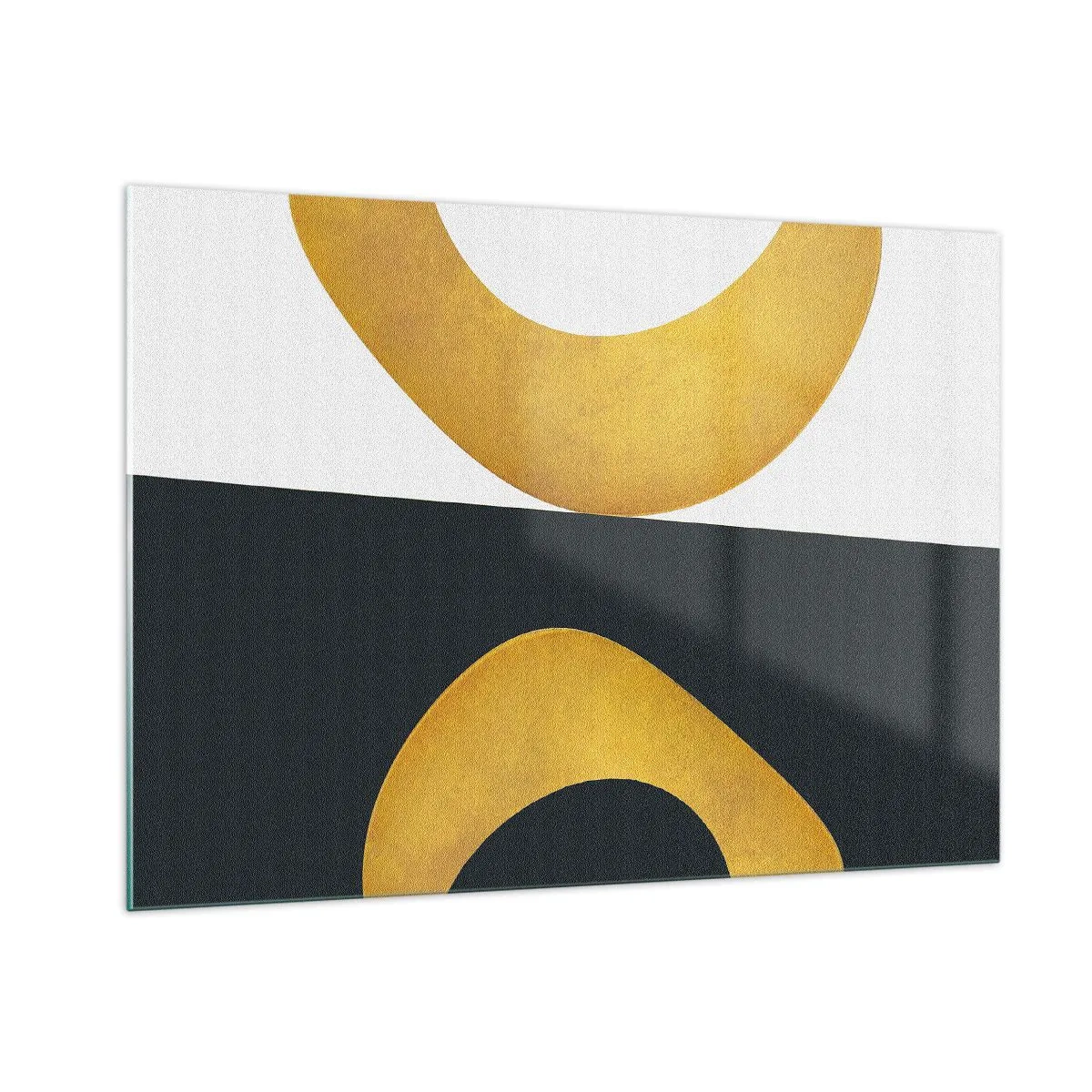 Cuadro sobre vidrio - Impresiones sobre Vidrio - Formas geométricas doradas sobre un fondo blanco y negro. - 100x70cm - Blanco, negro, dorado - Decoración de pared moderna para salón y dormitorio ARTTOR