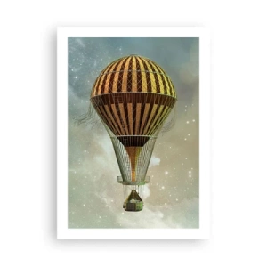 Póster - Un globo dorado flotando en el espacio exterior. - 50x70cm - Vuelos pioneros - Decoración de pared moderna para salón y dormitorio ARTTOR
