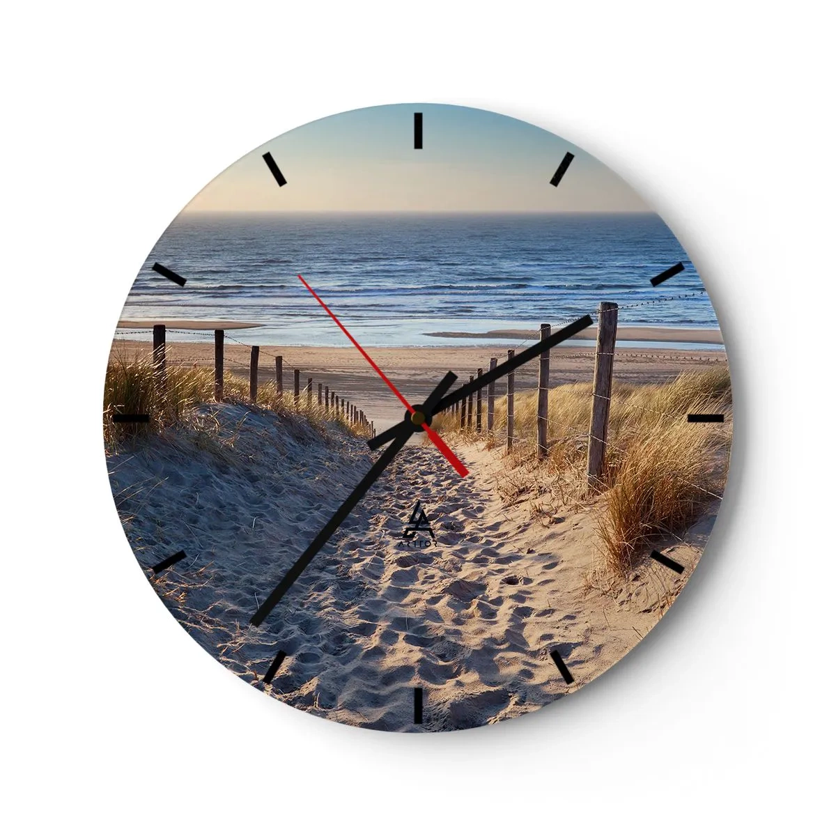 Reloj de pared - Reloj de vidrio - Un camino a través de las dunas que conduce a la playa con vistas al mar. - 30x30cm - El sonido del mar, el canto de los pájaros, una playa virgen entre las dunas…