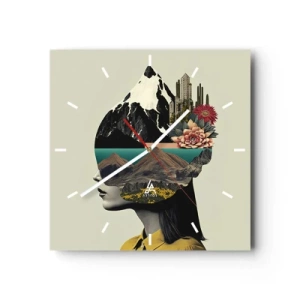 Reloj de pared - Reloj de vidrio - Collage de una mujer con un paisaje de montaña y flores. - 30x30cm - La mujer, siempre un misterio - Decoración de pared moderna para salón y dormitorio ARTTOR