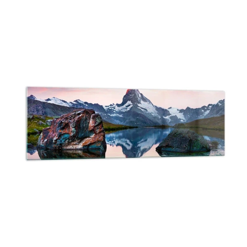 Cuadro sobre vidrio - Impresiones sobre Vidrio - Un pico de montaña reflejado en un lago al atardecer. - 160x50cm - El corazón de las montañas arde - Decoración de pared moderna para salón y dormitorio ARTTOR
