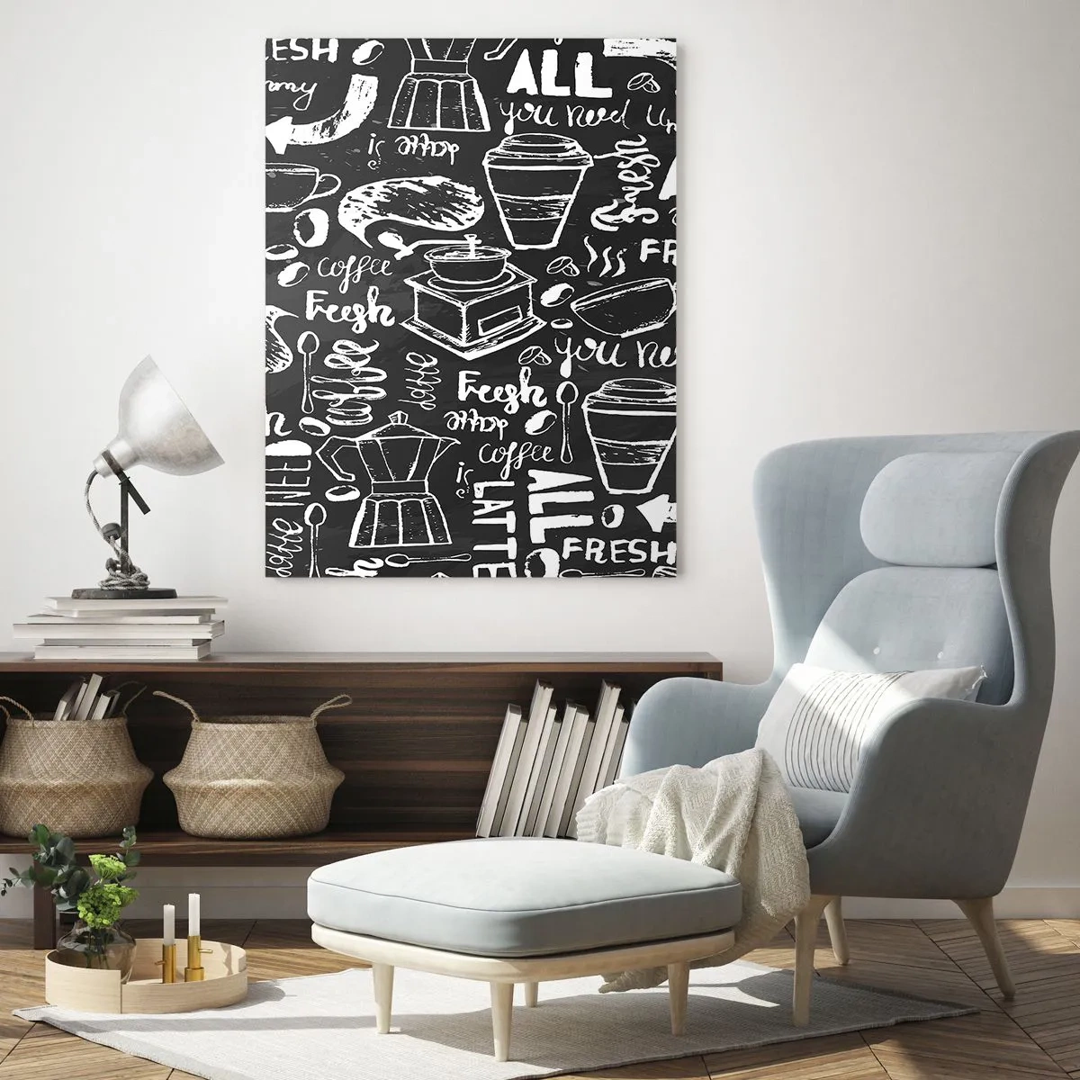 Cuadro sobre vidrio - Impresiones sobre Vidrio - Gráficos de café elegantes sobre un fondo negro. - 80x120cm - All you need is… - Decoración de pared moderna para salón y dormitorio ARTTOR