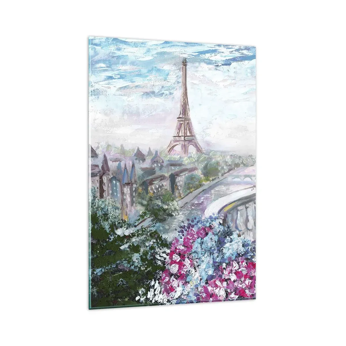 Cuadro sobre vidrio - Impresiones sobre Vidrio - Una vista romántica de París con la Torre Eiffel y un balcón lleno de flores. - 80x120cm - Mayo mágico en París - Decoración de pared moderna para salón y dormitorio ARTTOR
