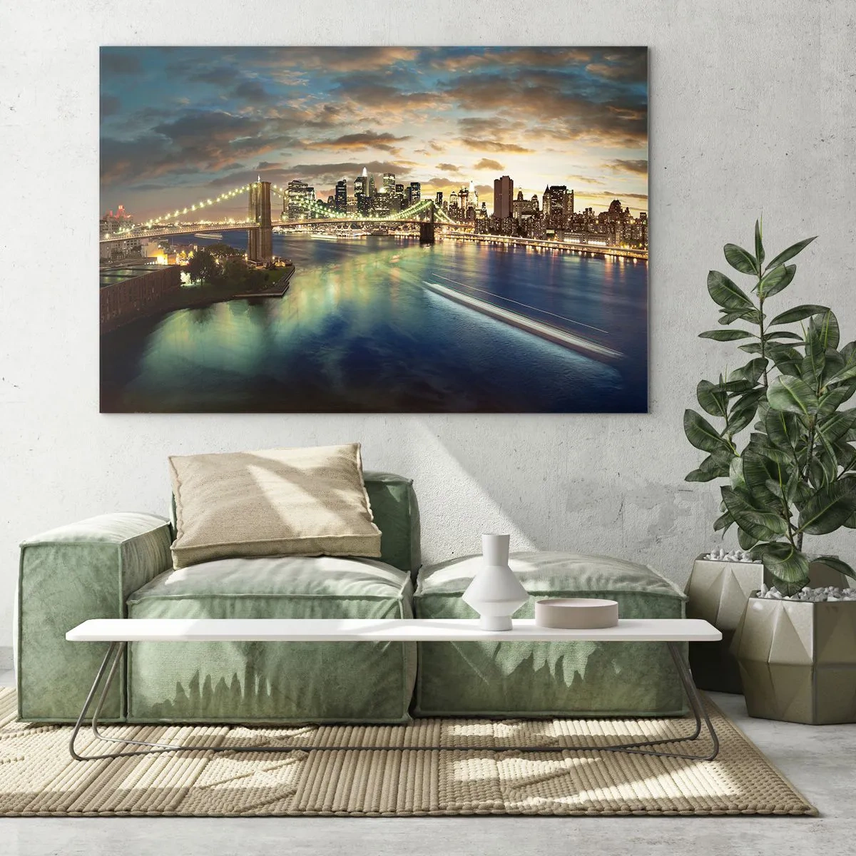 Cuadro sobre vidrio - Impresiones sobre Vidrio - Vista del puente y la ciudad al atardecer - 70x50cm - Un atardecer iluminado sobre Manhattan - Decoración de pared moderna para salón y dormitorio ARTTOR