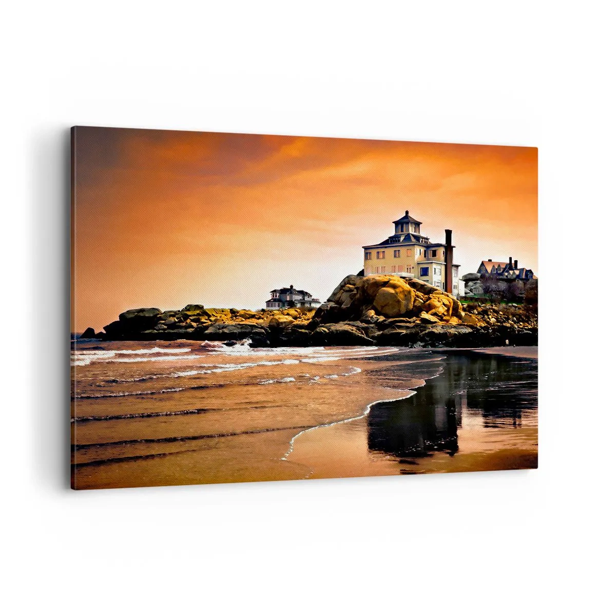 Cuadro sobre lienzo - Impresión de Imagen - Una casa sobre una roca junto a la playa al atardecer con su reflejo en el agua. - 100x70cm - La elegancia de la costa oeste - Decoración de pared moderna para salón y dormitorio ARTTOR