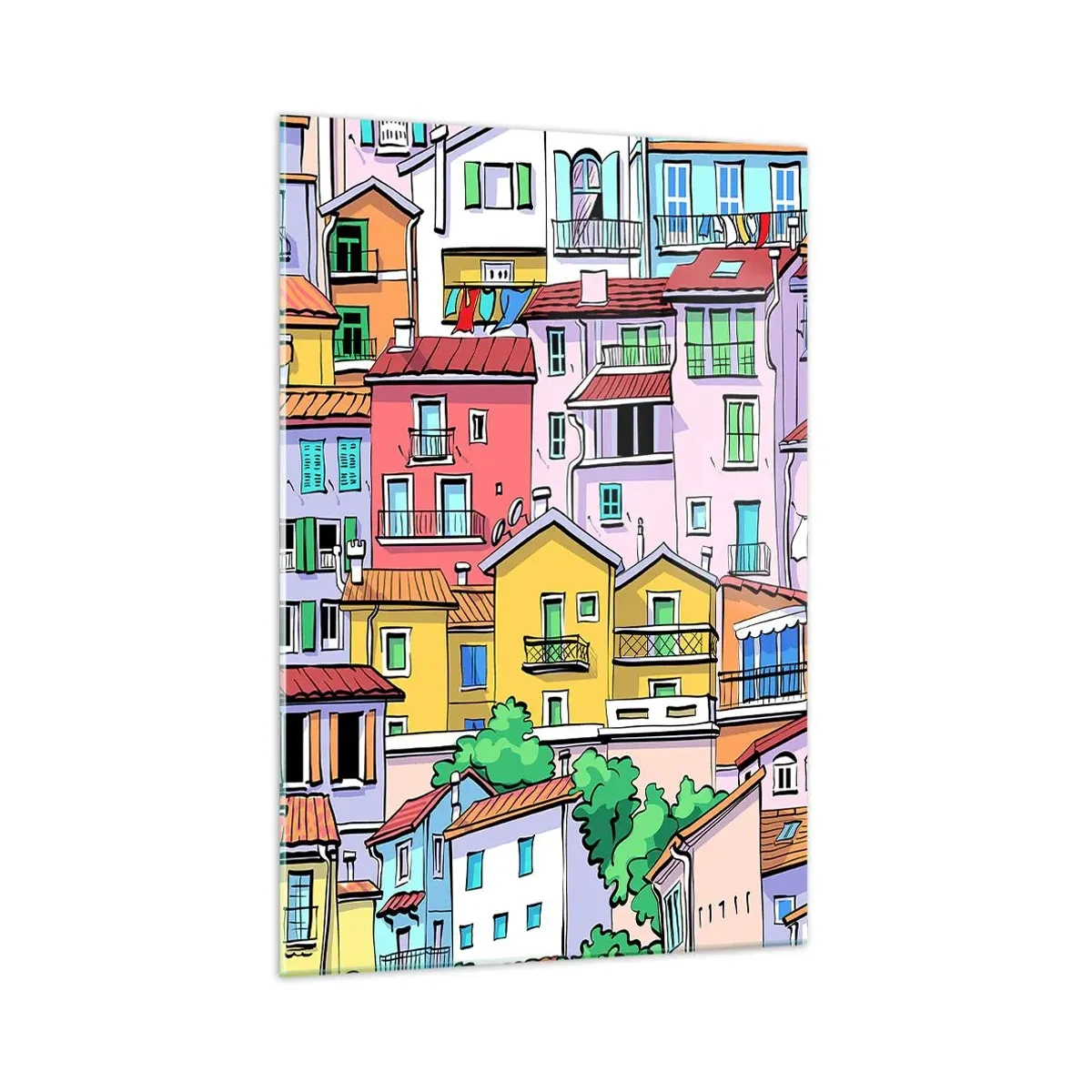 Cuadro sobre vidrio - Impresiones sobre Vidrio - Casas de vecindad coloridas en un estilo animado y alegre - 70x100cm - Ciudad alegre - Decoración de pared moderna para salón y dormitorio ARTTOR
