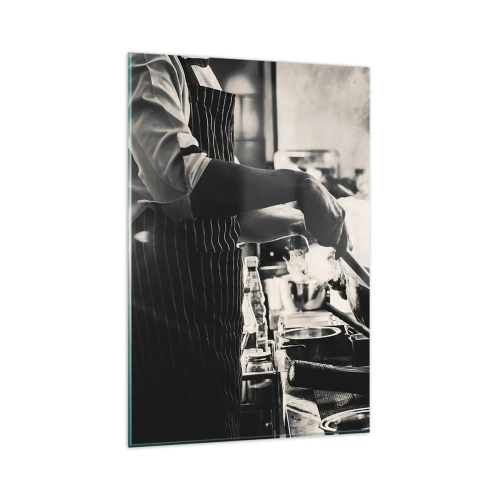 Cuadro sobre vidrio - Impresiones sobre Vidrio - Un chef trabajando en la cocina con vapor saliendo de una sartén. - 80x120cm - Alquimia de sabores - Decoración de pared moderna para salón y dormitorio ARTTOR