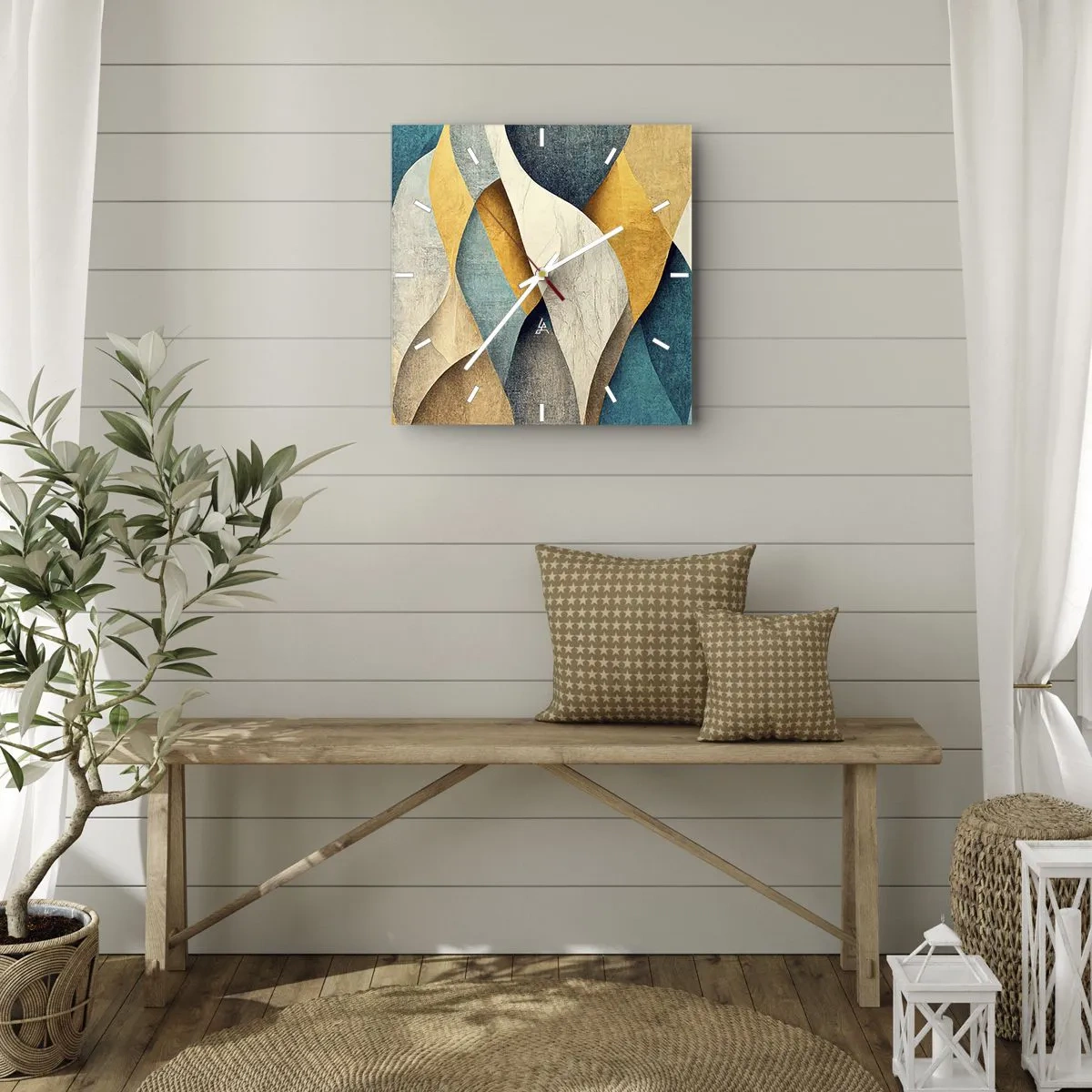 Reloj de pared - Reloj de vidrio - Ondas abstractas en tonos azules y dorados. - 30x30cm - Ritmo y ondulación - Decoración de pared moderna para salón y dormitorio ARTTOR