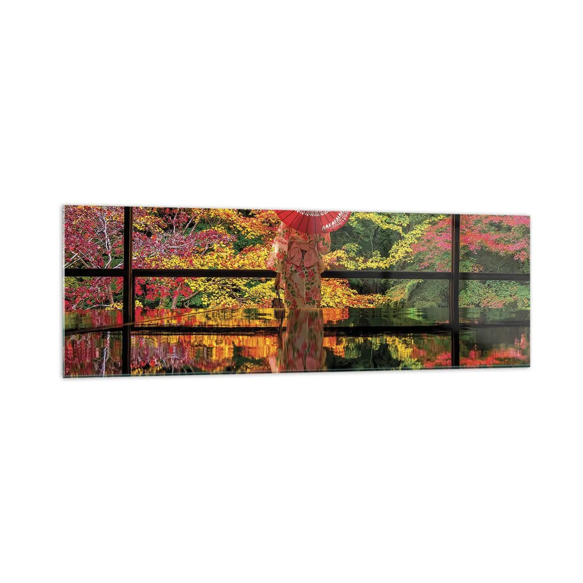 Cuadro sobre vidrio - Impresiones sobre Vidrio - Una mujer con un kimono y un paraguas con el telón de fondo de un paisaje otoñal. - 160x50cm - En un templo de la naturaleza - Decoración de pared moderna para salón y dormitorio ARTTOR