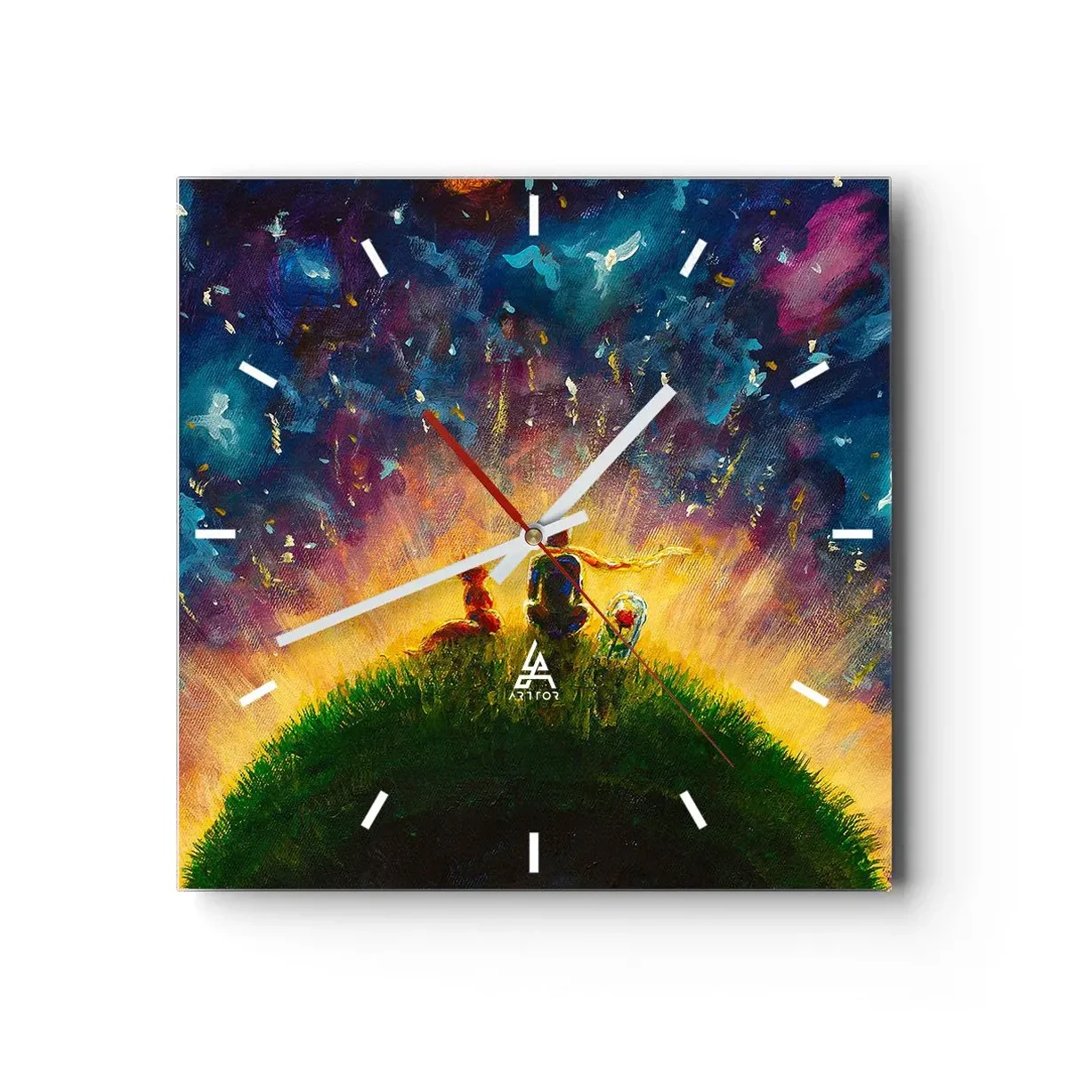 Reloj de pared - Reloj de vidrio - Figuras en una colina verde rodeada de un cielo estrellado. - 30x30cm - Amor y amistad - lo único entero - Decoración de pared moderna para salón y dormitorio ARTTOR