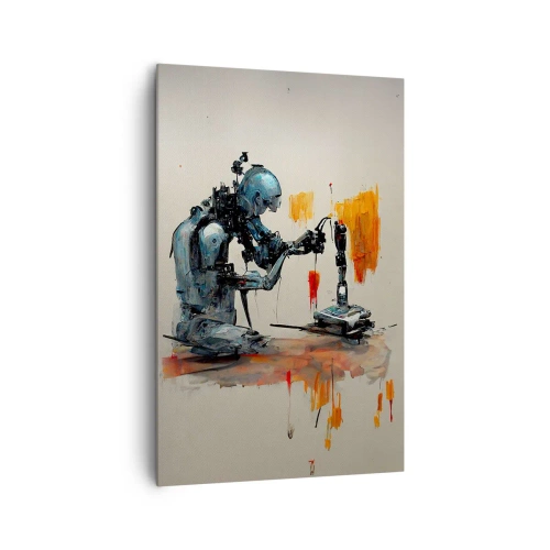 Cuadro sobre lienzo - Impresión de Imagen - Robot trabajando con fondo abstracto - 80x120cm - Próximamente... - Decoración de pared moderna para salón y dormitorio ARTTOR