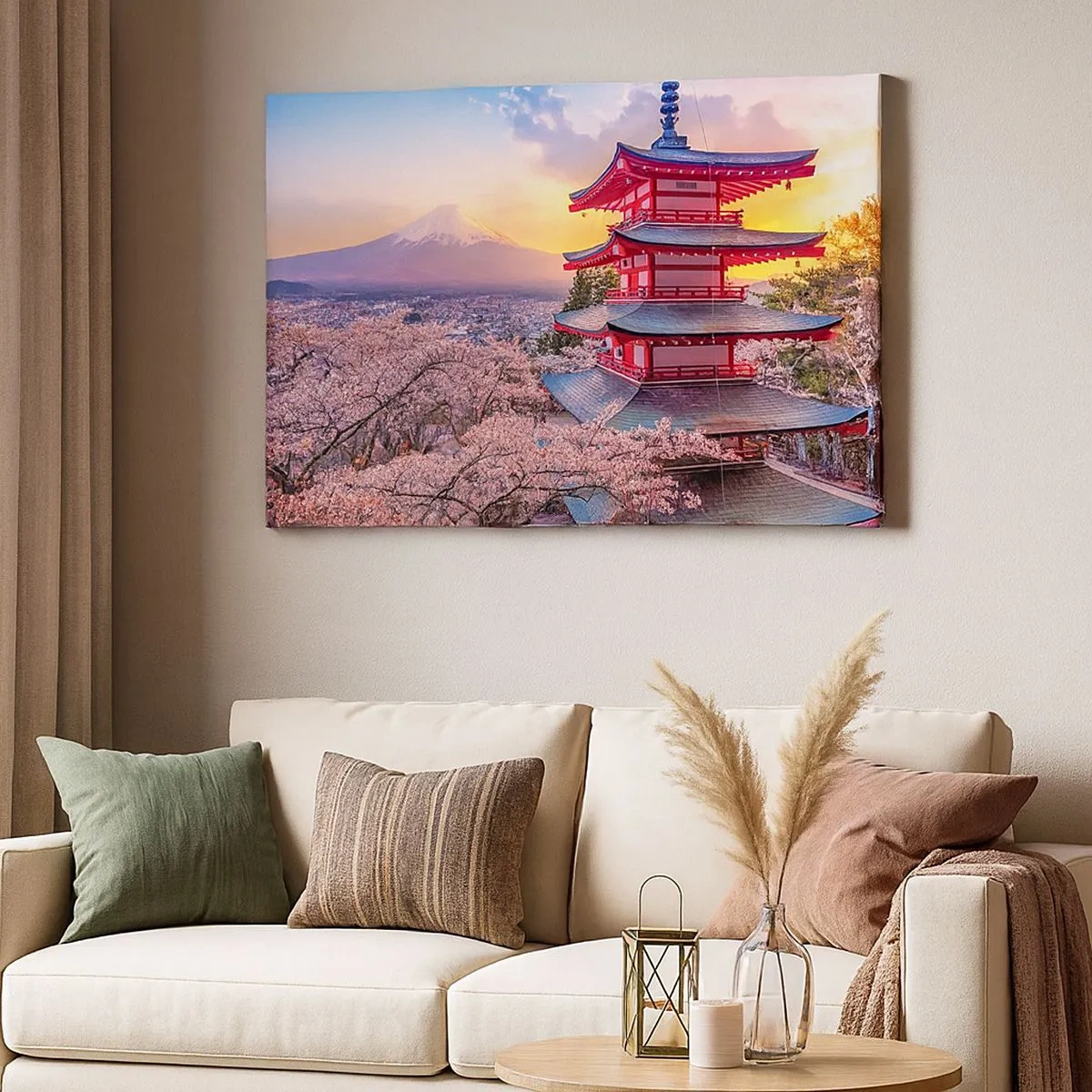 Cuadro sobre lienzo - Impresión de Imagen - Una pagoda en Japón con flores de cerezo y el monte Fuji. - 70x50cm - La esencia del espíritu japonés - Decoración de pared moderna para salón y dormitorio ARTTOR
