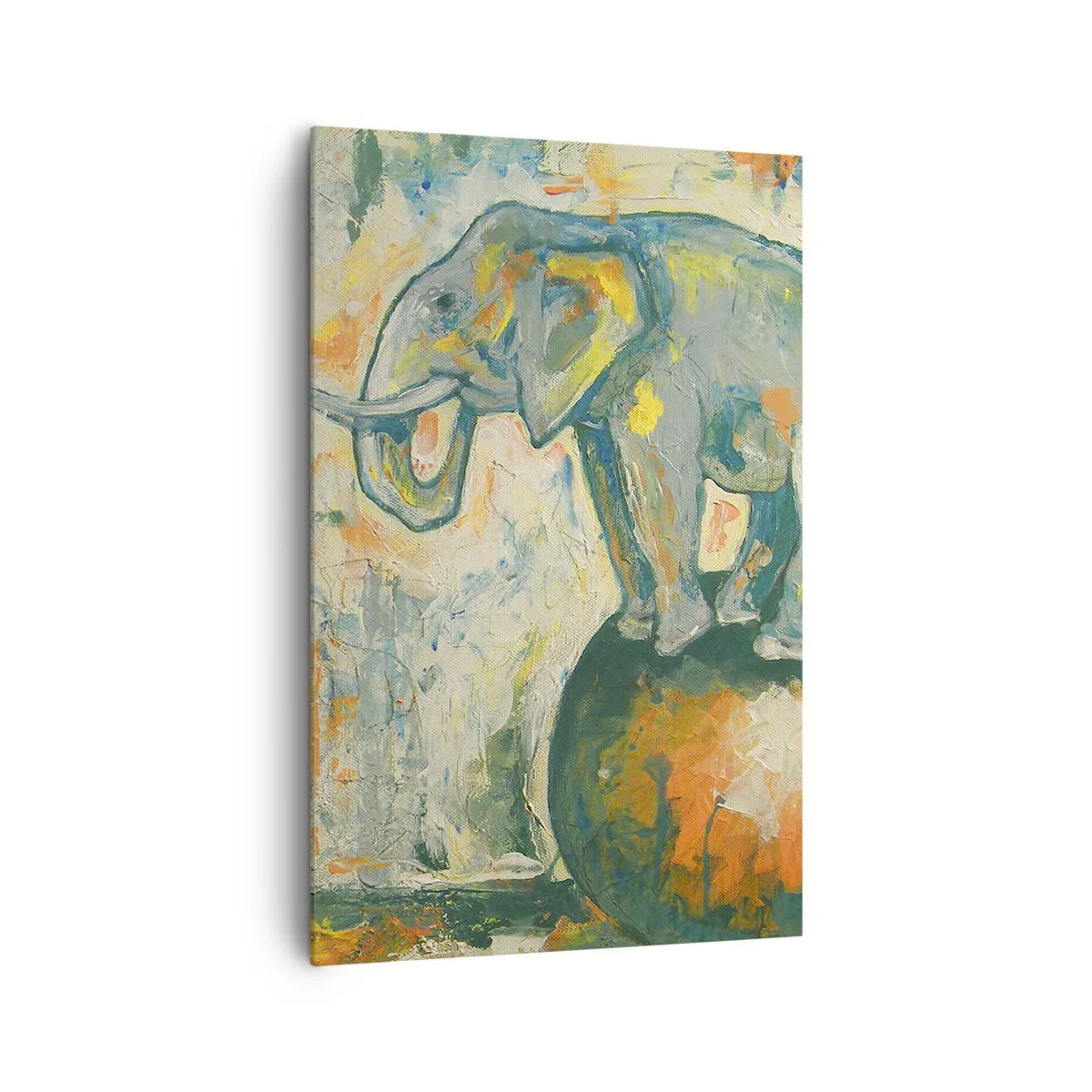 Cuadro sobre lienzo - Impresión de Imagen - Un elefante haciendo equilibrio sobre una pelota en un estilo artístico. - 80x120cm - ¡Viva el circo! - Decoración de pared moderna para salón y dormitorio ARTTOR