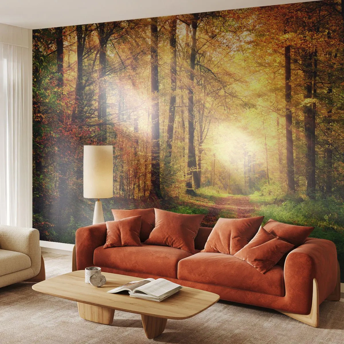 Fotomural Premium Sand - Silencio dorado del bosque - Paisaje, Bosque, Camino forestal - 300x210 cm