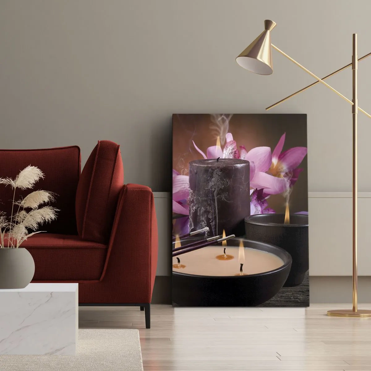 Cuadro sobre lienzo - Impresión de Imagen - Figura de Buda con velas encendidas y varillas de incienso. - 50x70cm - Despejar la mente, calmar el cuerpo - Decoración de pared moderna para salón y dormitorio ARTTOR