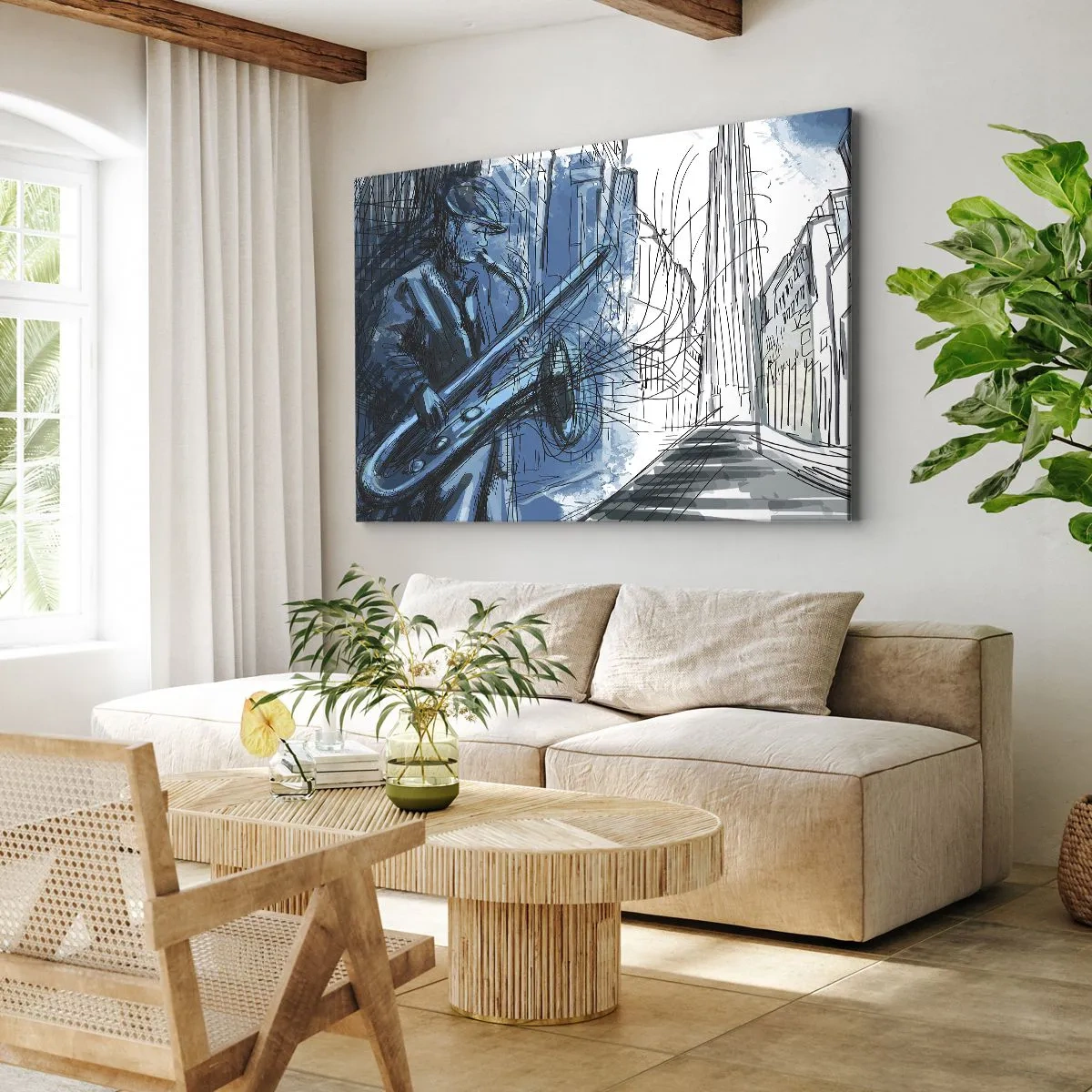 Cuadro sobre lienzo - Impresión de Imagen - Una figura tocando el saxofón con una ciudad como telón de fondo. - 70x50cm - Rapsodia urbana - Decoración de pared moderna para salón y dormitorio ARTTOR