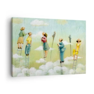 Cuadro sobre lienzo - Impresión de Imagen - Figuras subiendo escaleras entre nubes sobre un fondo pastel. - 70x50cm - Sigue tu sueño - Decoración de pared moderna para salón y dormitorio ARTTOR