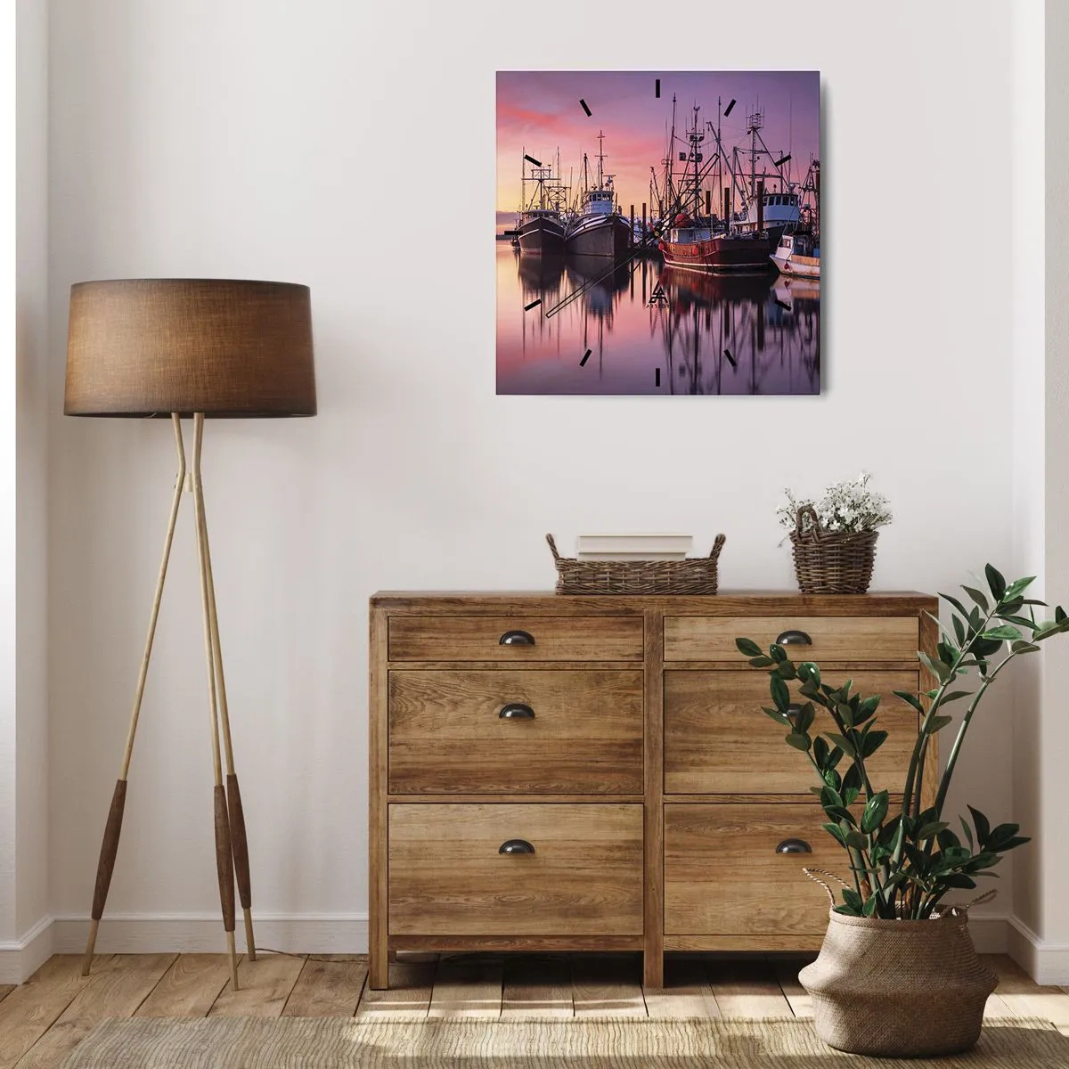 Reloj de pared - Reloj de vidrio - Barcos de pesca en el puerto al atardecer - 30x30cm - Descanso antes de partir - Decoración de pared moderna para salón y dormitorio ARTTOR