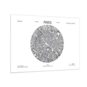 Cuadro sobre vidrio - Impresiones sobre Vidrio - Un mapa circular de París en una ilustración en blanco y negro - 70x50cm - Anatomía de París - Decoración de pared moderna para salón y dormitorio ARTTOR