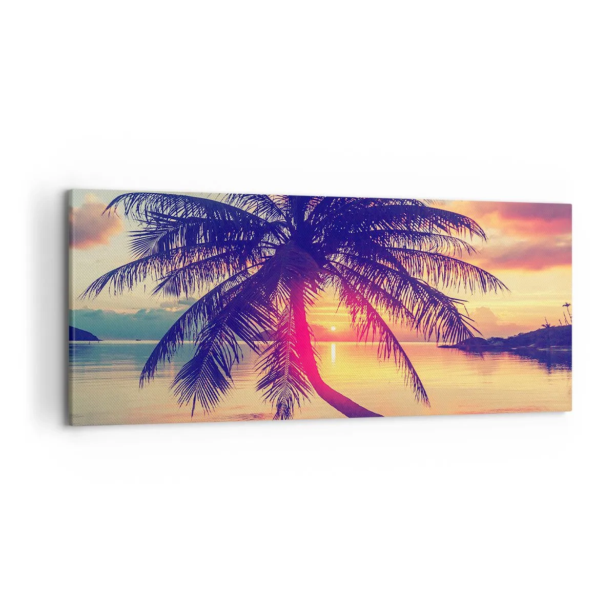 Cuadro sobre lienzo - Impresión de Imagen - Puesta de sol con una palmera sobre una orilla tranquila - 120x50cm - Atardecer bajo las palmeras - Decoración de pared moderna para salón y dormitorio ARTTOR