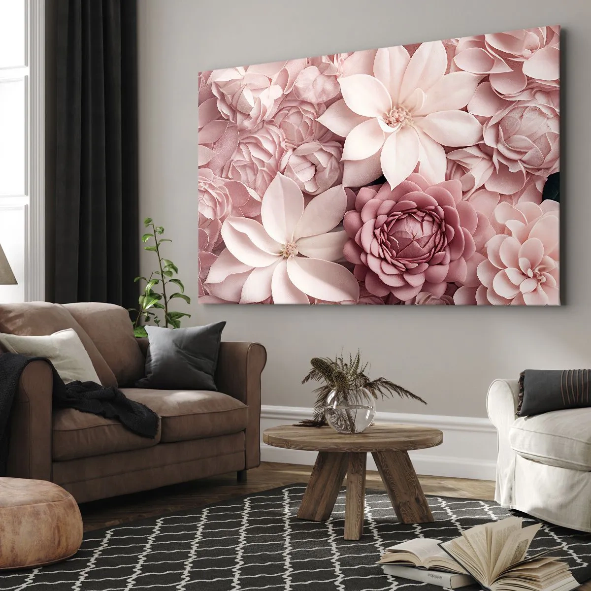 Cuadro sobre lienzo - Impresión de Imagen - Flores en tonos rosa y blanco en un enfoque artístico. - 70x50cm - Entre pétalos rosas - Decoración de pared moderna para salón y dormitorio ARTTOR