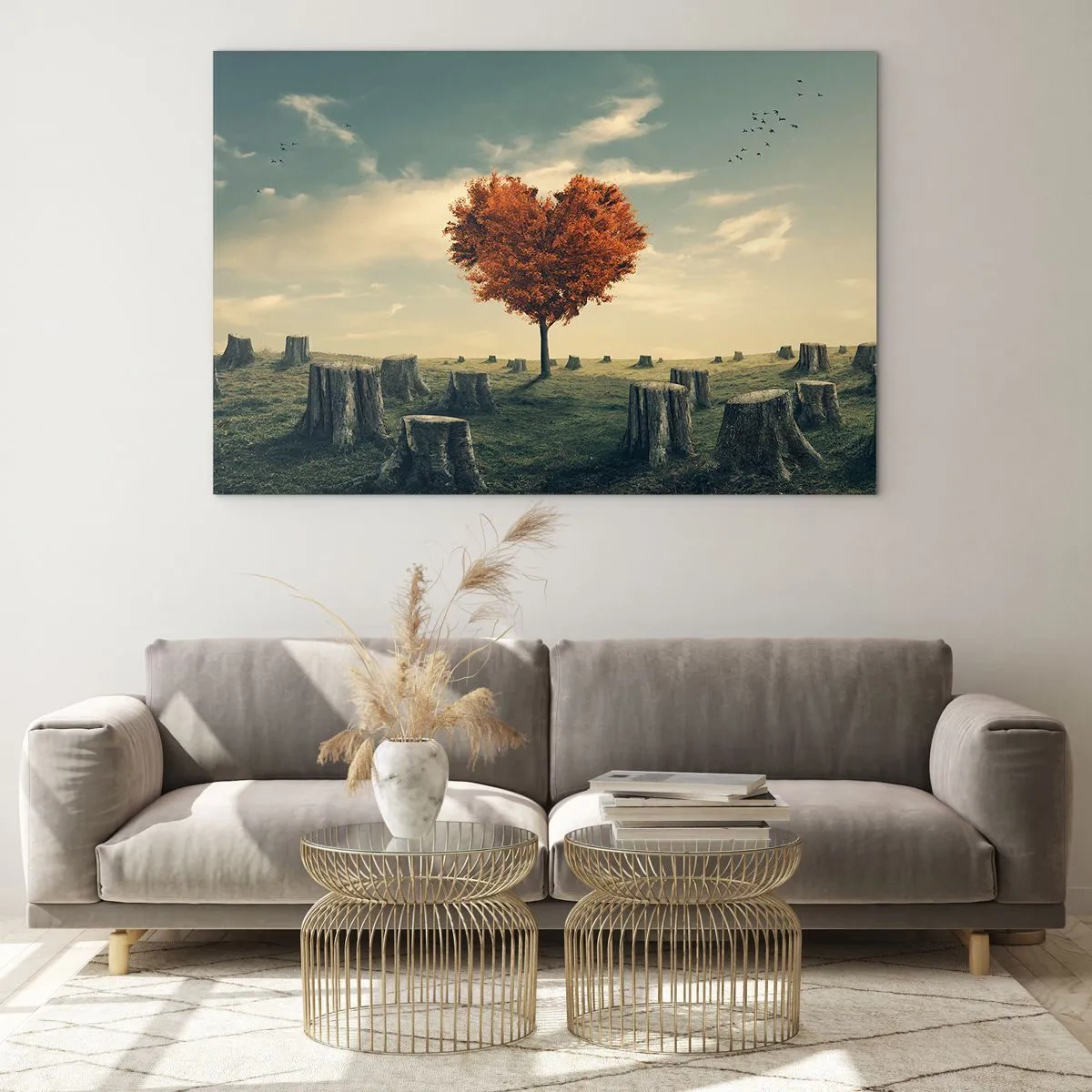 Cuadro sobre vidrio - Impresiones sobre Vidrio - Un árbol en forma de corazón rodeado de troncos talados en un claro. - 100x70cm - Todavía hay esperanza - Decoración de pared moderna para salón y dormitorio ARTTOR
