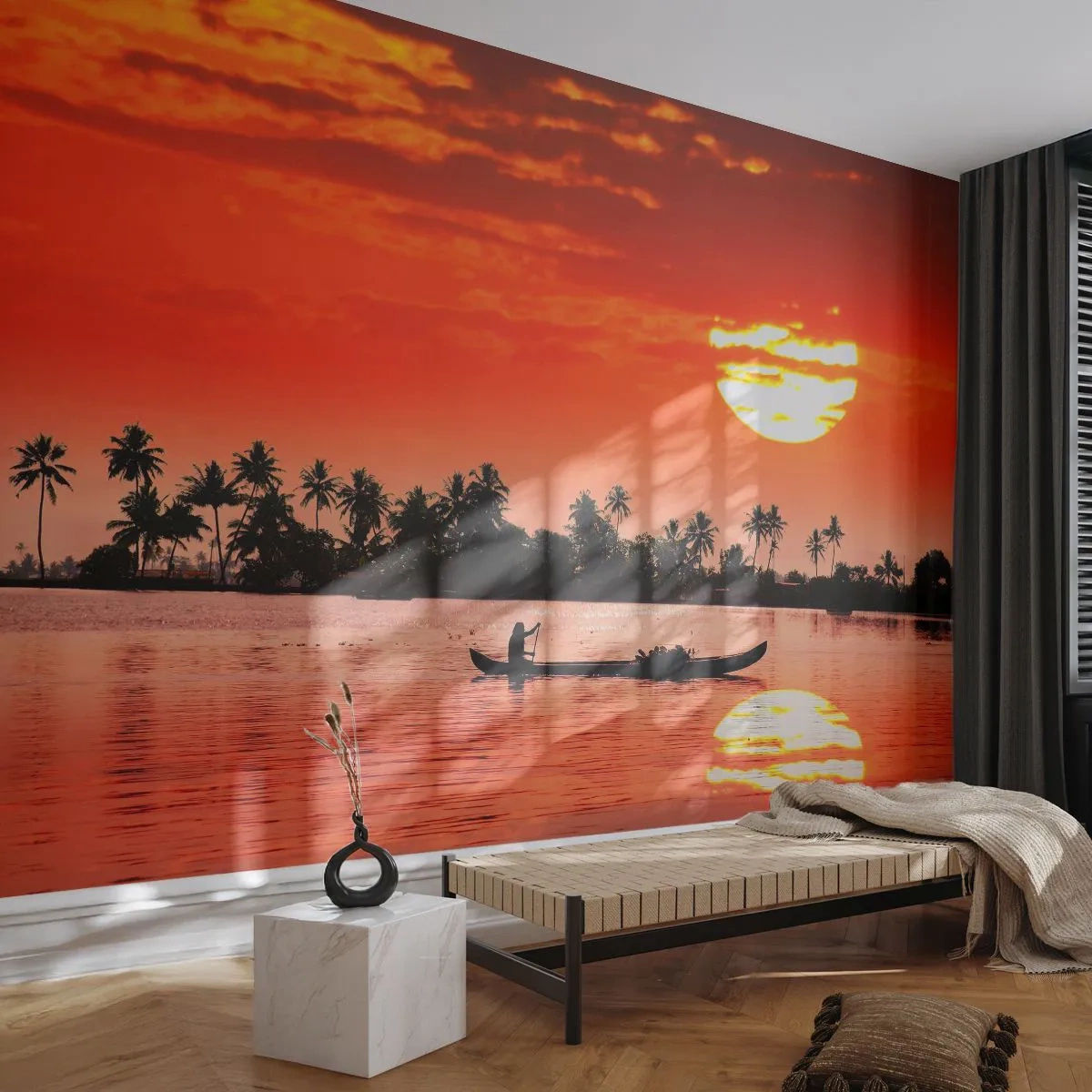 Fotomural Premium Sand - Atardecer tropical sobre el agua con palmeras y un barco. - 100x70cm - La paz de los trópicos al atardecer - Decoración de pared moderna para salón y dormitorio ARTTOR