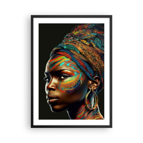 Póster en marco negro - Retrato de una mujer con una bufanda colorida y maquillaje étnico. - 50x70cm - Reina africana - Decoración de pared moderna para salón y dormitorio ARTTOR