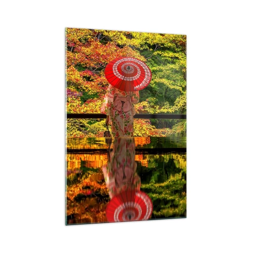 Cuadro sobre vidrio - Impresiones sobre Vidrio - Una mujer con un kimono y un paraguas con el telón de fondo de un paisaje otoñal. - 70x100cm - En un templo de la naturaleza - Decoración de pared moderna para salón y dormitorio ARTTOR
