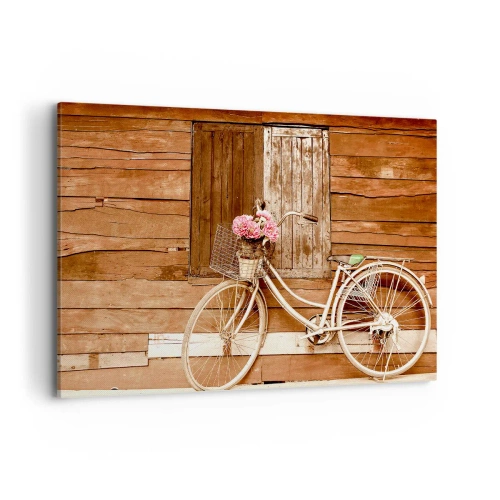 Cuadro sobre lienzo - Impresión de Imagen - Una bicicleta con una cesta llena de rosas contra una pared de madera. - 120x80cm - Ahora mismo vuelvo - Decoración de pared moderna para salón y dormitorio ARTTOR
