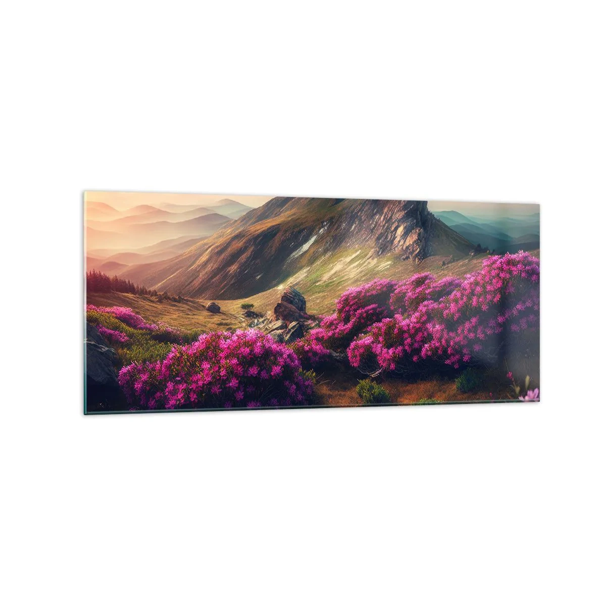 Cuadro sobre vidrio - Impresiones sobre Vidrio - Paisaje de montaña con rododendros en flor - 120x50cm - Verano en las montañas - Decoración de pared moderna para salón y dormitorio ARTTOR