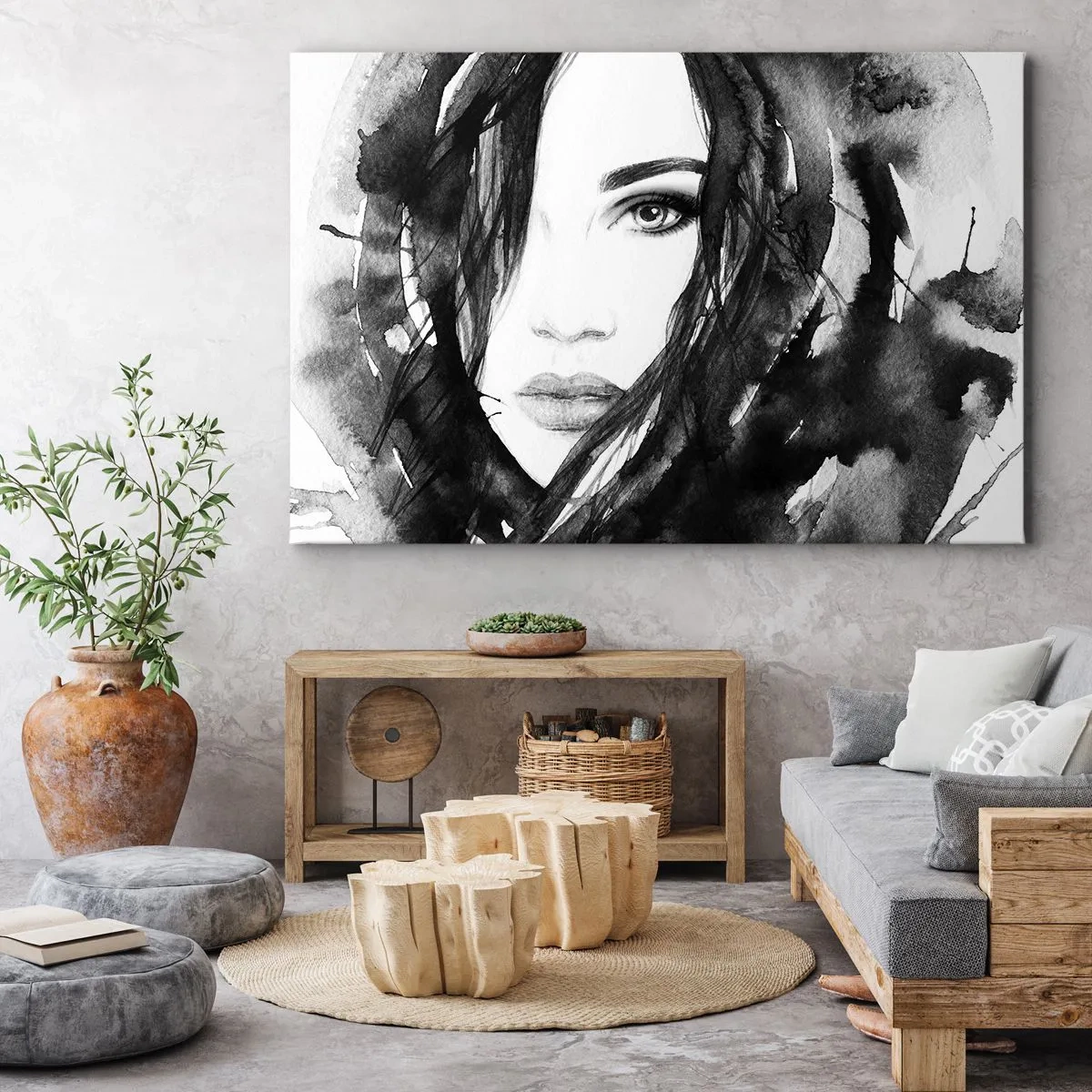 Cuadro sobre lienzo - Impresión de Imagen - Retrato de una mujer en acuarela en blanco y negro - 100x70cm - Retrato de una dama en blanco y negro - Decoración de pared moderna para salón y dormitorio ARTTOR
